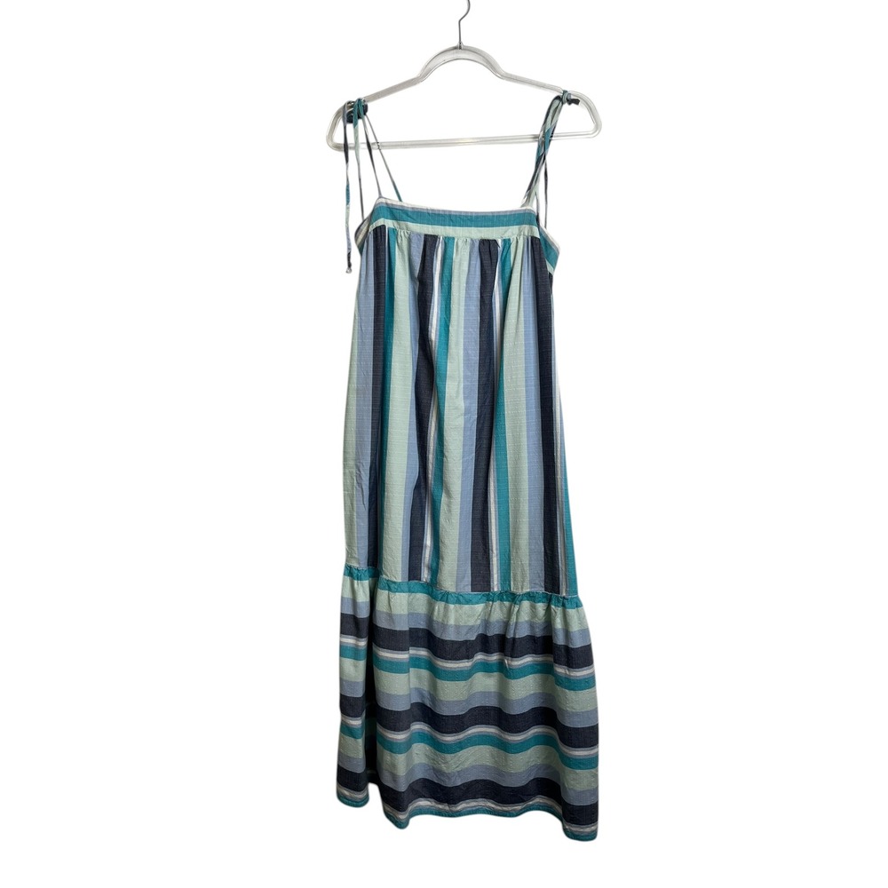 Bebop Blue Teal Striped Tie Strap Smocked Back Tiered‎ Maxi Dress Coastal Large